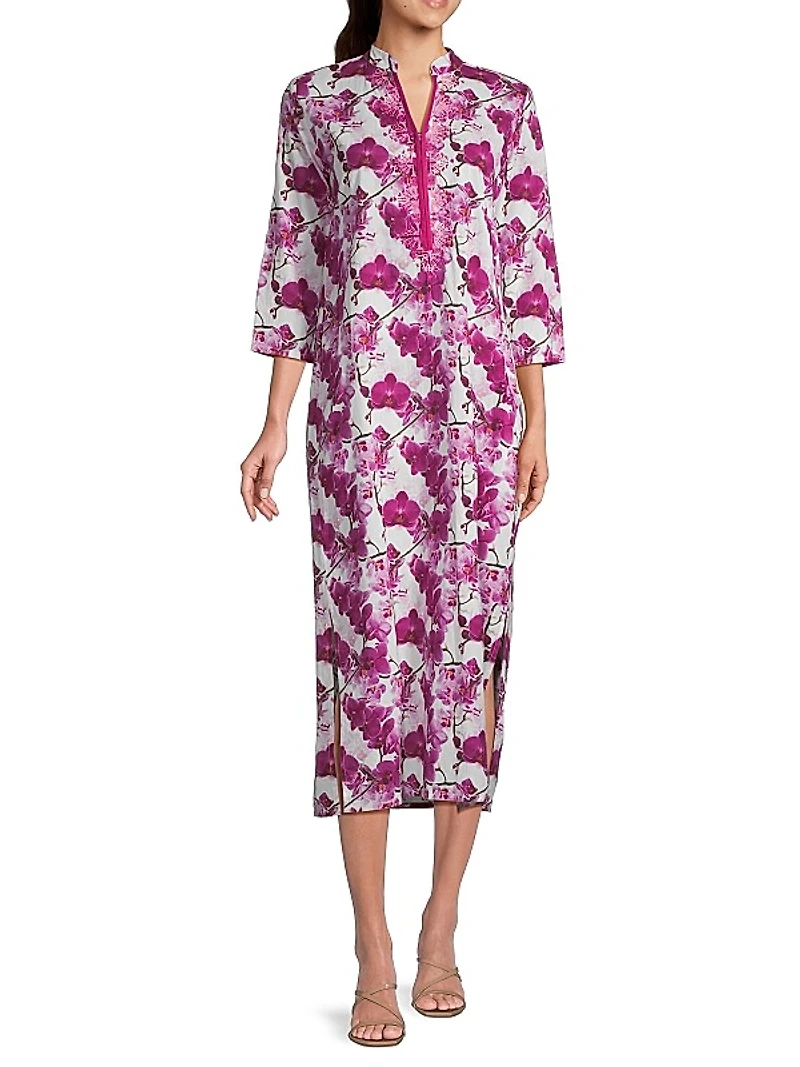 Clorinda Orchid-Print Cotton Midi-Dress