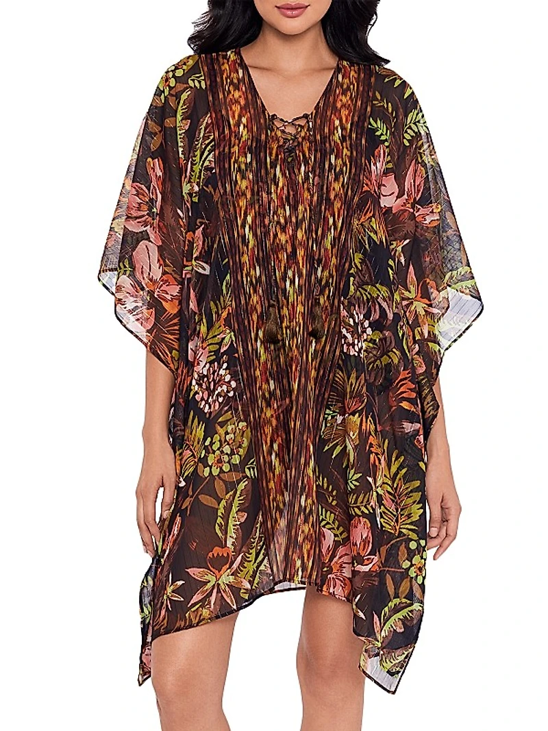 Botanico Metallic Chiffon Lace-Up Caftan