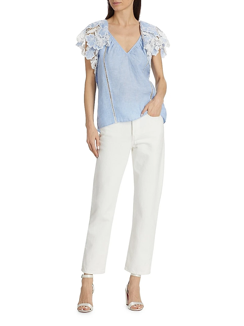 Hillary Crochet-Trimmed Linen Top