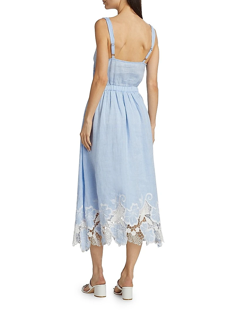 Aubriella Linen Lace-Trimmed Midi-Dress