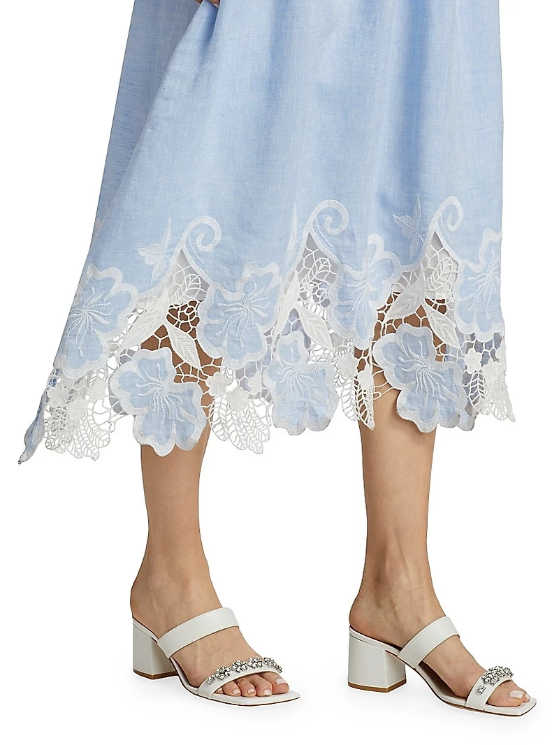 Aubriella Linen Lace-Trimmed Midi-Dress