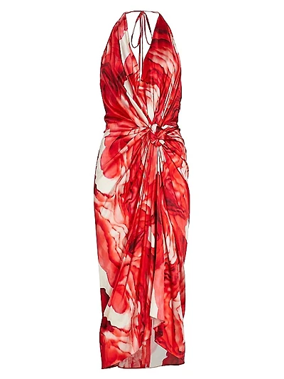 Guadalupe Watercolor Stretch-Silk Midi-Dress