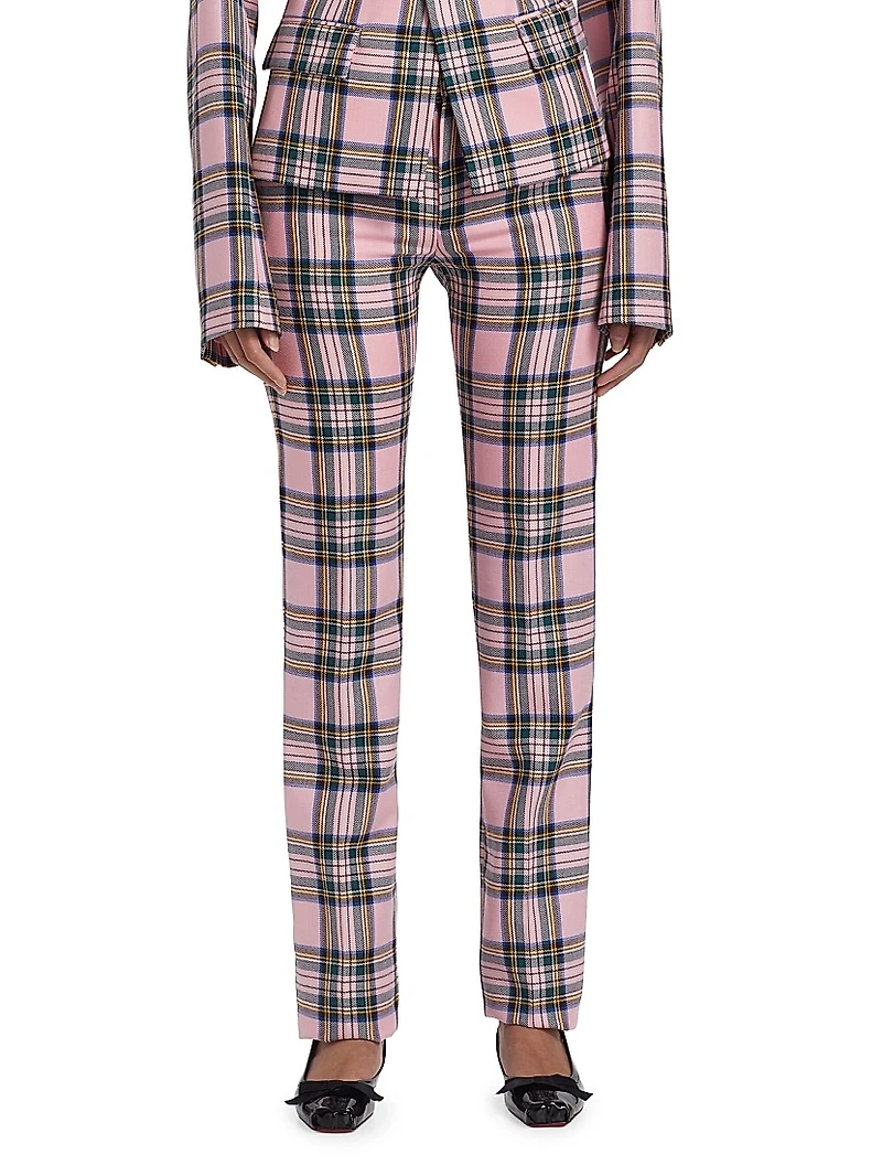 Plaid Wool Back-Slit Straight-Leg Pants