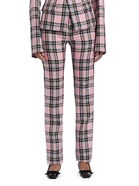 Plaid Wool Back-Slit Straight-Leg Pants