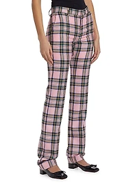 Plaid Wool Back-Slit Straight-Leg Pants