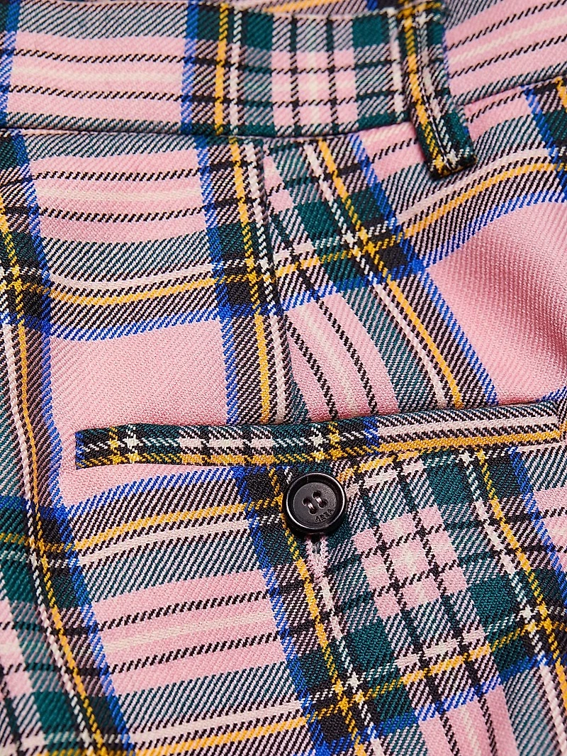 Plaid Wool Back-Slit Straight-Leg Pants