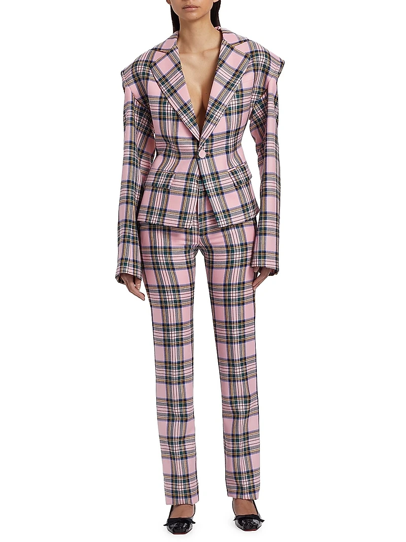 Plaid Wool Back-Slit Straight-Leg Pants