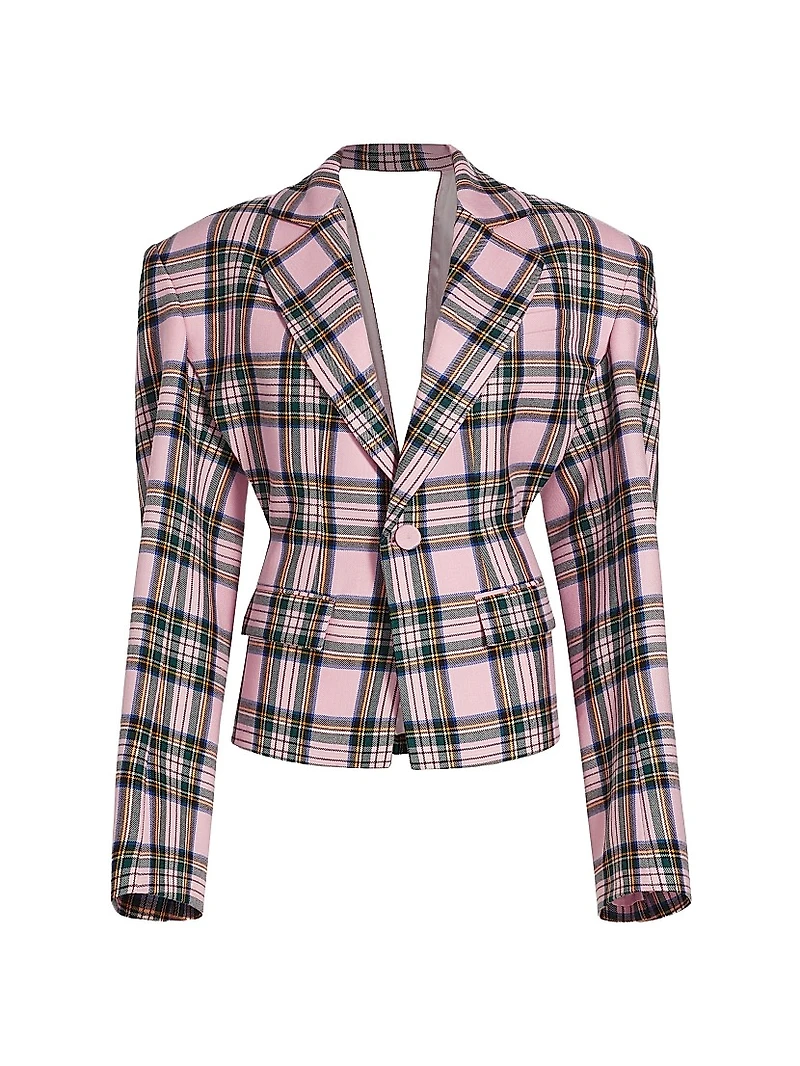 Heart-Accented Plaid Wool Cut-Out Blazer