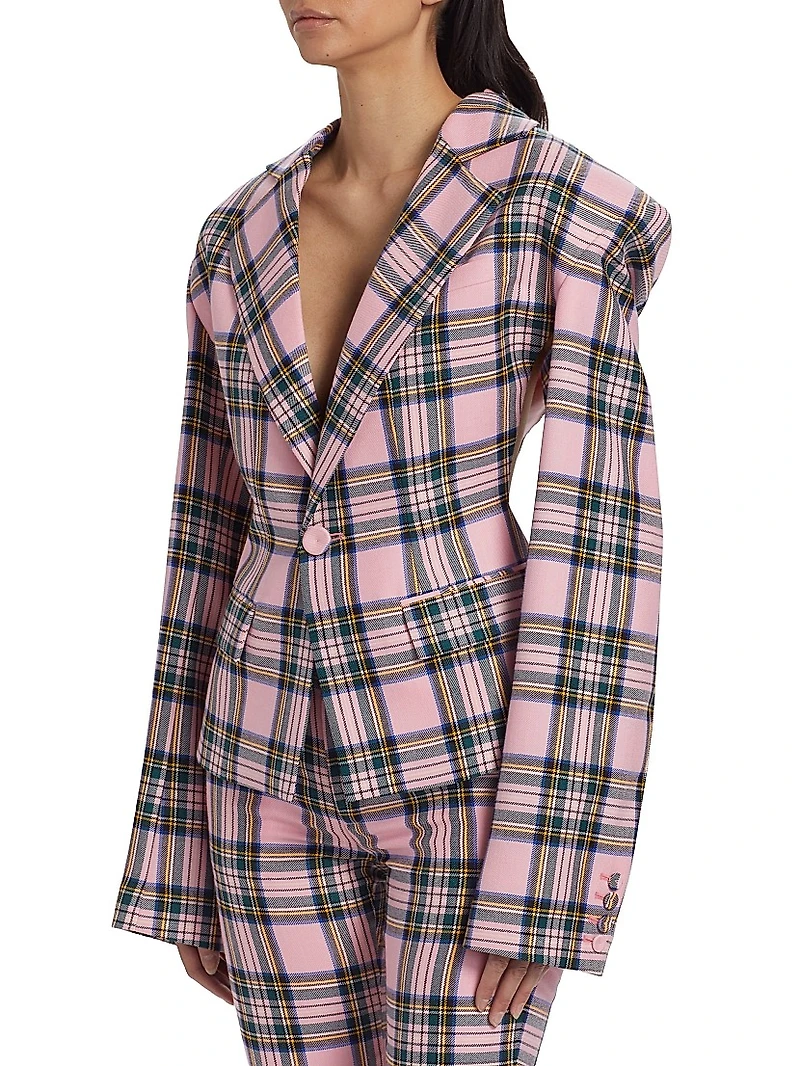 Heart-Accented Plaid Wool Cut-Out Blazer