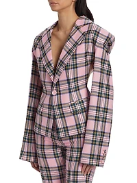Heart-Accented Plaid Wool Cut-Out Blazer