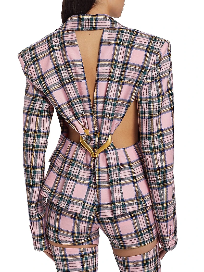 Heart-Accented Plaid Wool Cut-Out Blazer