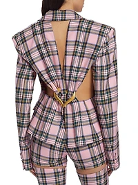 Heart-Accented Plaid Wool Cut-Out Blazer