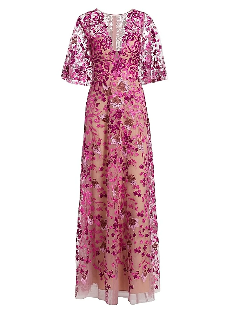Embroidered Floral Tulle A-Line Gown