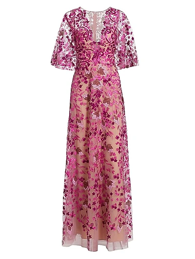 Embroidered Floral Tulle A-Line Gown