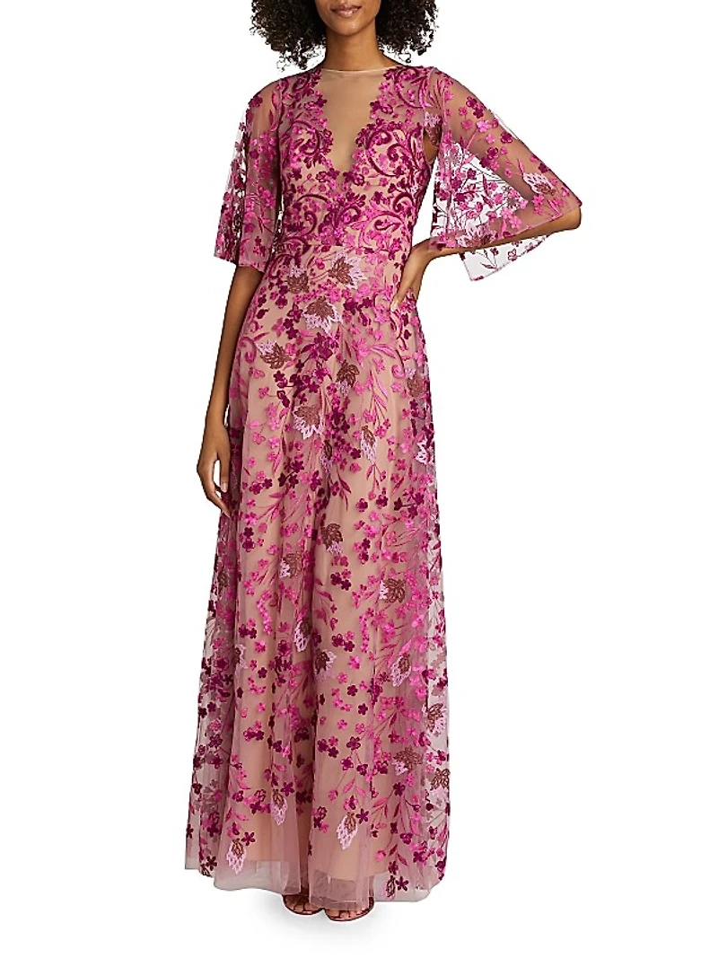 Embroidered Floral Tulle A-Line Gown