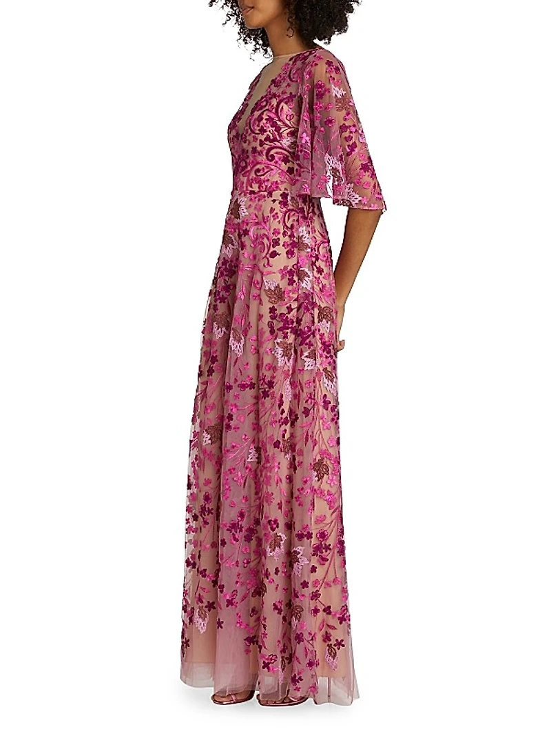 Embroidered Floral Tulle A-Line Gown