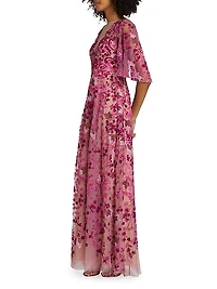 Embroidered Floral Tulle A-Line Gown