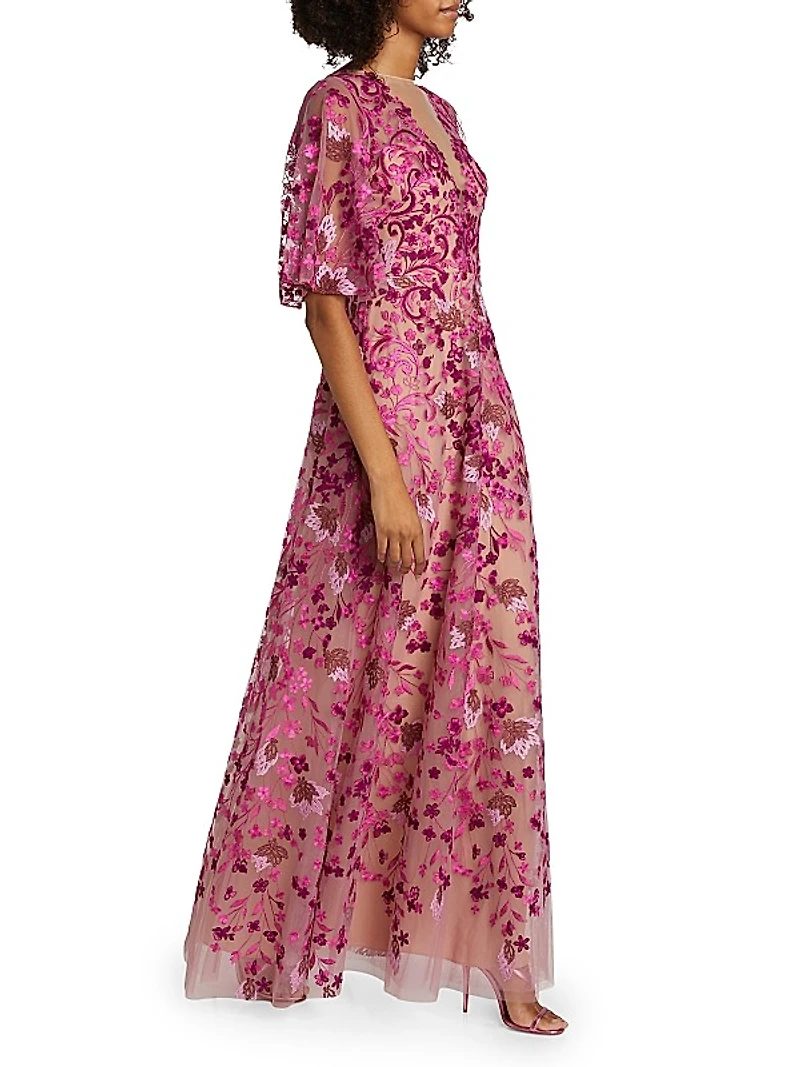 Embroidered Floral Tulle A-Line Gown