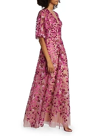 Embroidered Floral Tulle A-Line Gown
