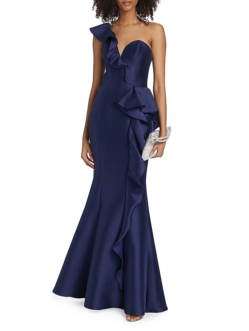 Satin Ruffle One-Shoulder Trumpet Gown