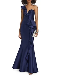 Satin Ruffle One-Shoulder Trumpet Gown