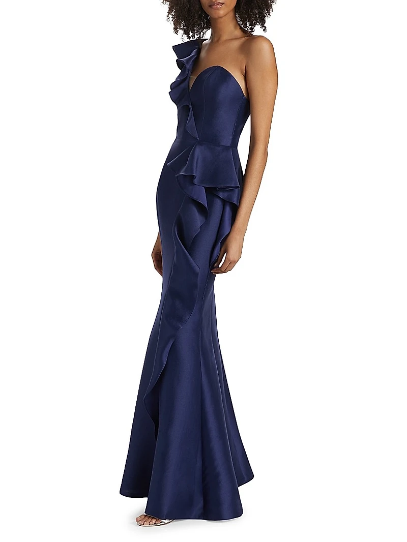 Satin Ruffle One-Shoulder Trumpet Gown