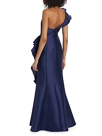 Satin Ruffle One-Shoulder Trumpet Gown