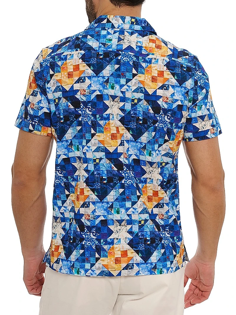 Sashiko Graphic Stretch-Cotton Seersucker Camp Shirt