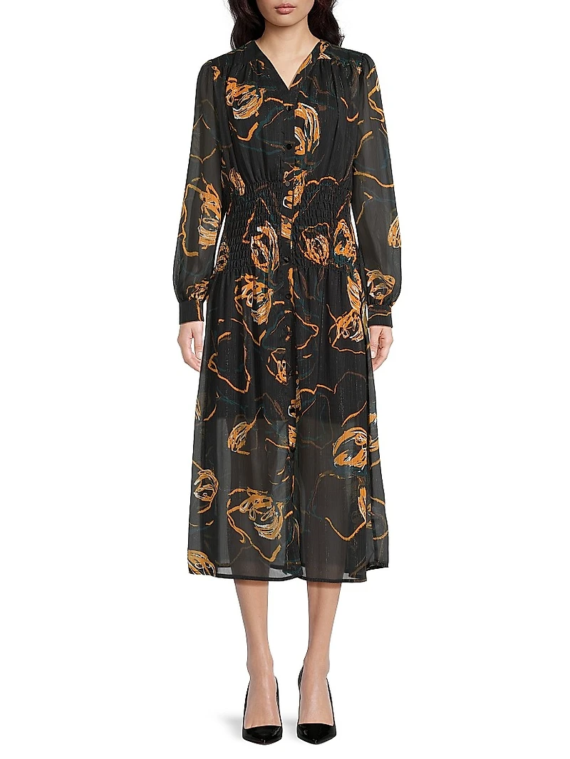 Geometric Chiffon Smocked Midi-Dress