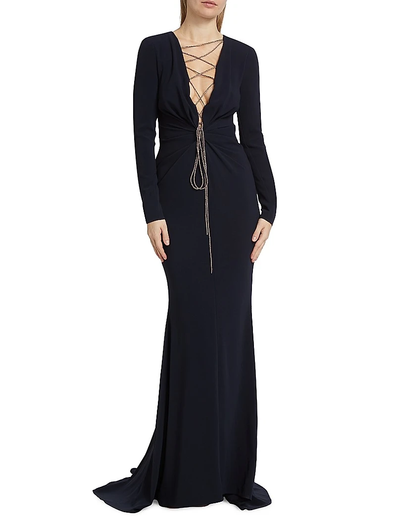 Cady Crystal Lace-Up Plunge Gown