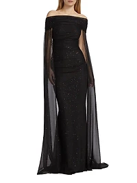 Confetti Tulle Off-The-Shoulder Cape Gown