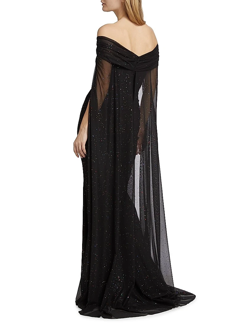 Confetti Tulle Off-The-Shoulder Cape Gown