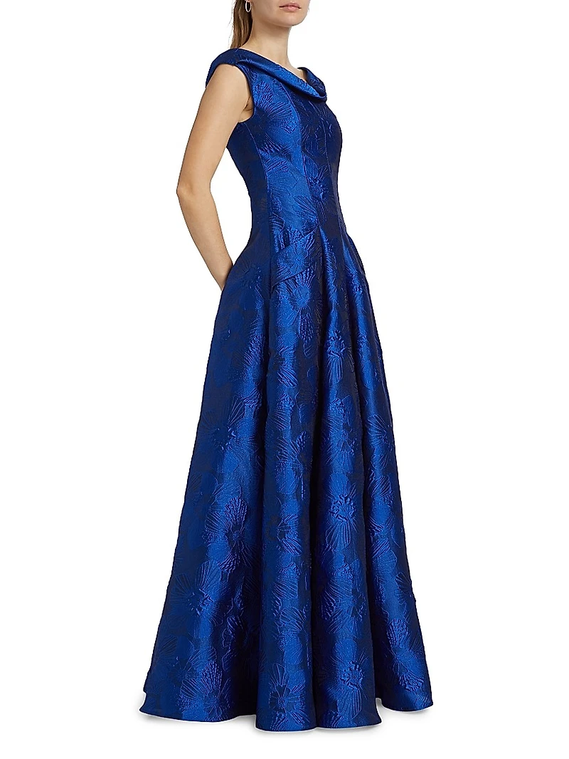 Floral Jacquard Cowl Neck Gown