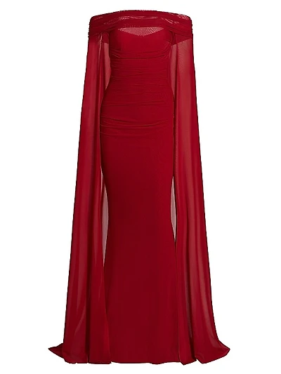 Tulle Off-the-Shoulder Cape-Sleeve Gown