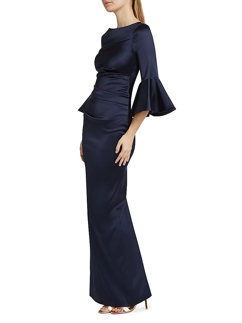 Satin Duchesse Bell-Sleeve Gown