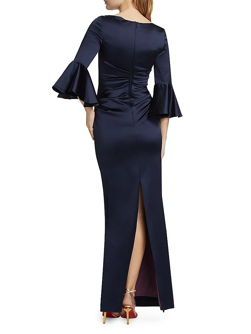 Satin Duchesse Bell-Sleeve Gown