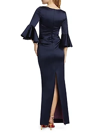 Satin Duchesse Bell-Sleeve Gown