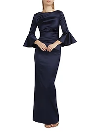 Satin Duchesse Bell-Sleeve Gown