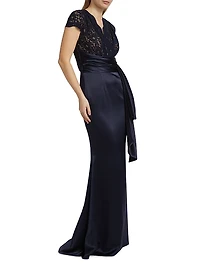 Lace Satin Sash Gown