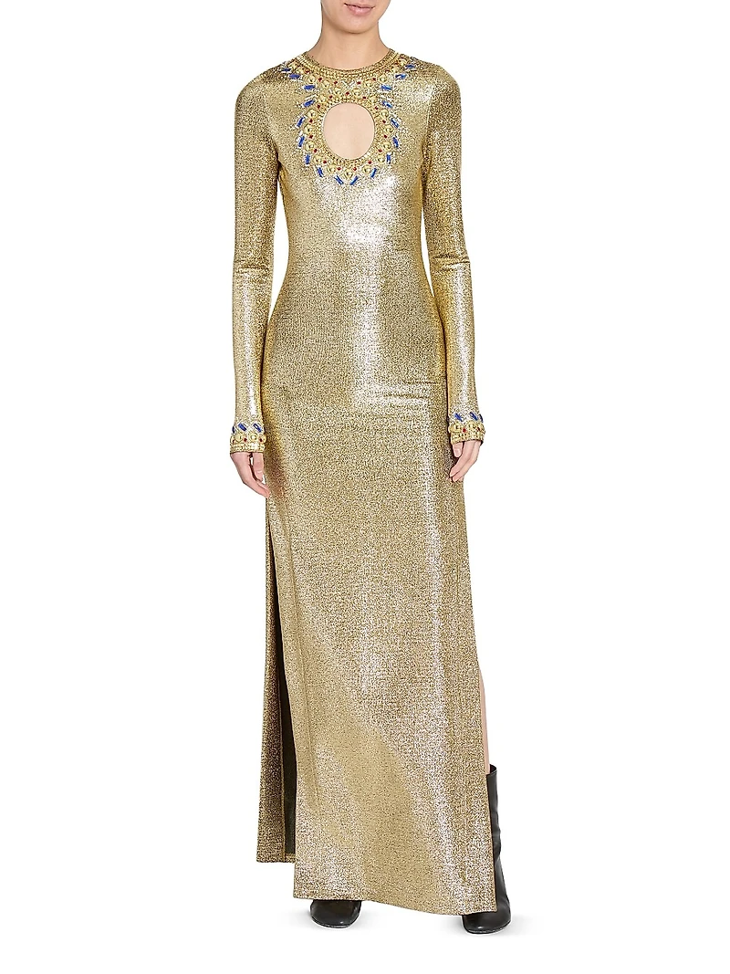 Metallic Crystal-Embellished Cut-Out Gown