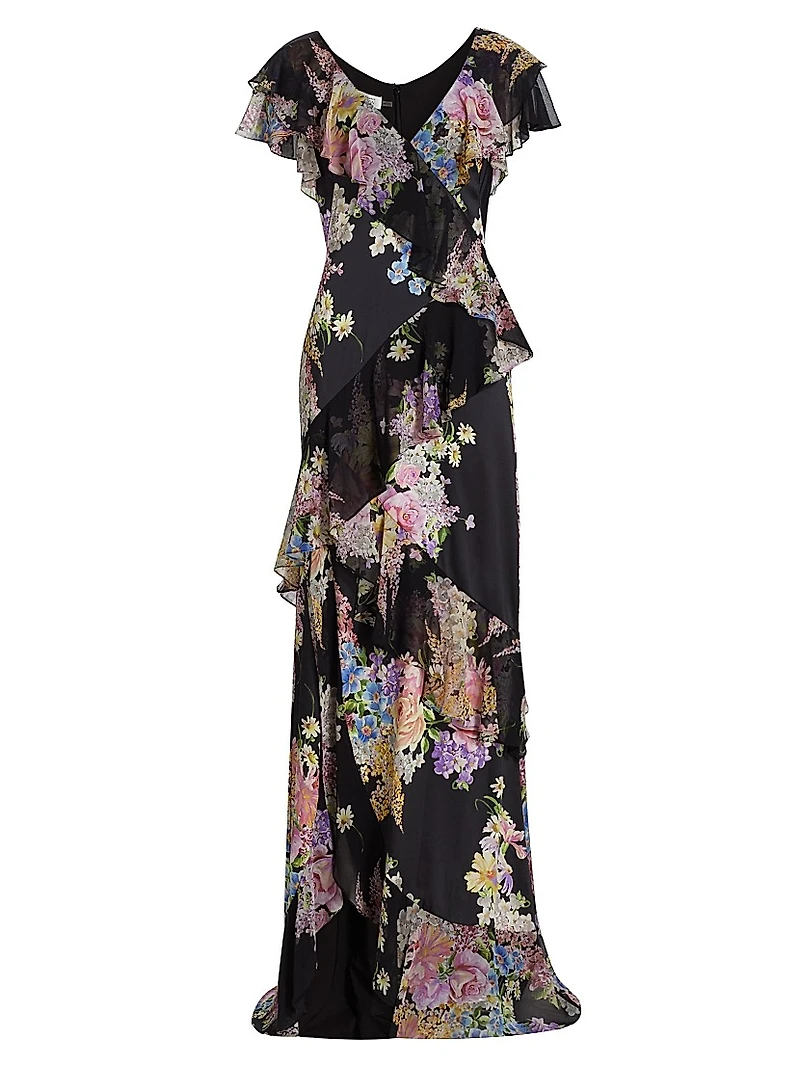 Floral Chiffon Diagonal Ruffle Gown
