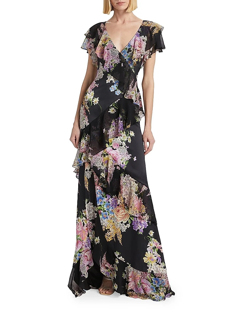 Floral Chiffon Diagonal Ruffle Gown