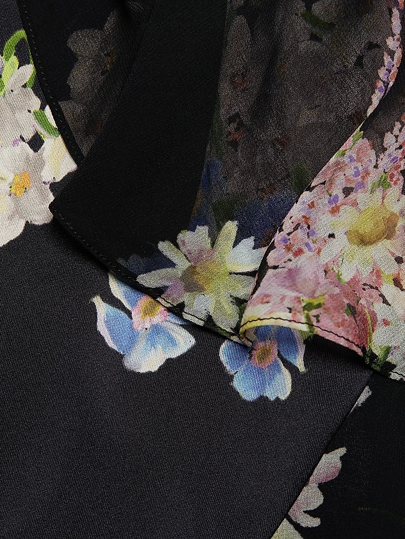 Floral Chiffon Diagonal Ruffle Gown