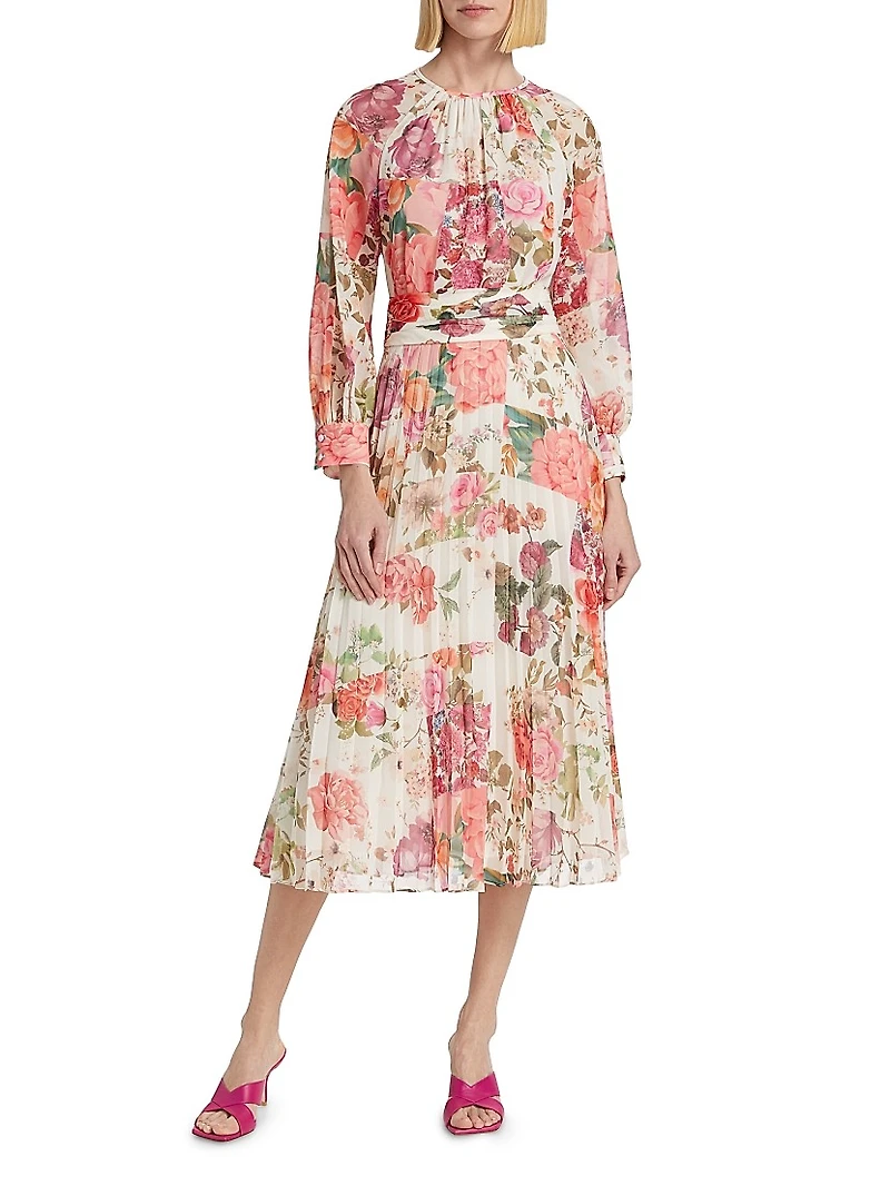 Floral Pleated Chiffon Midi-Dress