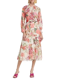 Floral Pleated Chiffon Midi-Dress