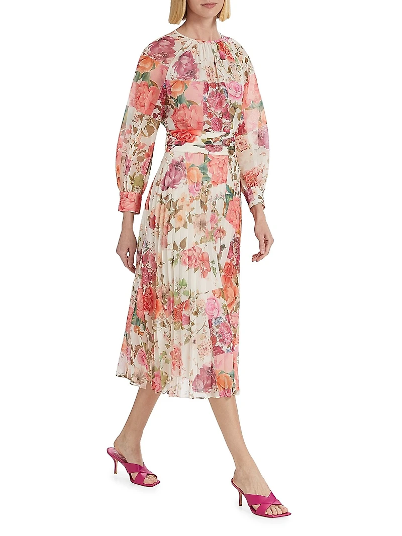 Floral Pleated Chiffon Midi-Dress