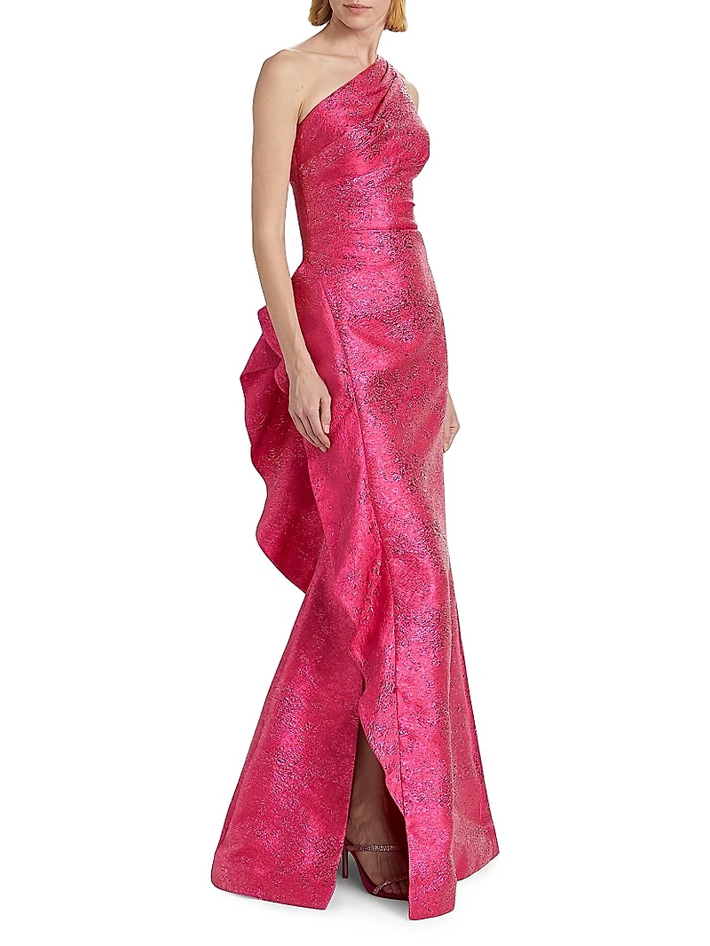 Jacquard One-Shoulder Ruffle Column Gown