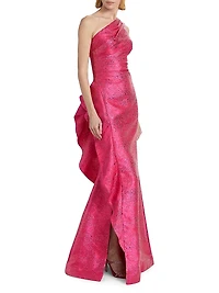 Jacquard One-Shoulder Ruffle Column Gown