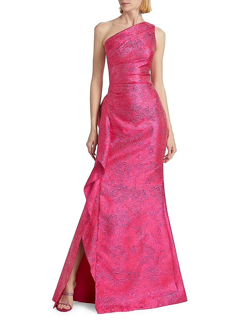 Jacquard One-Shoulder Ruffle Column Gown