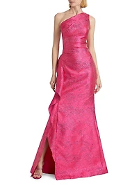 Jacquard One-Shoulder Ruffle Column Gown